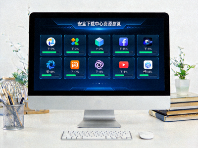 安全下载中心资源总览概念图 - 电脑屏幕上显示多个软件图标与下载进度条