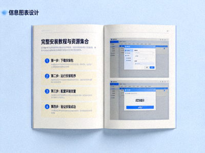 完整安装教程与资源集合概念图 - 一本打开的书，左边是文字说明，右边是配套的软件界面截图